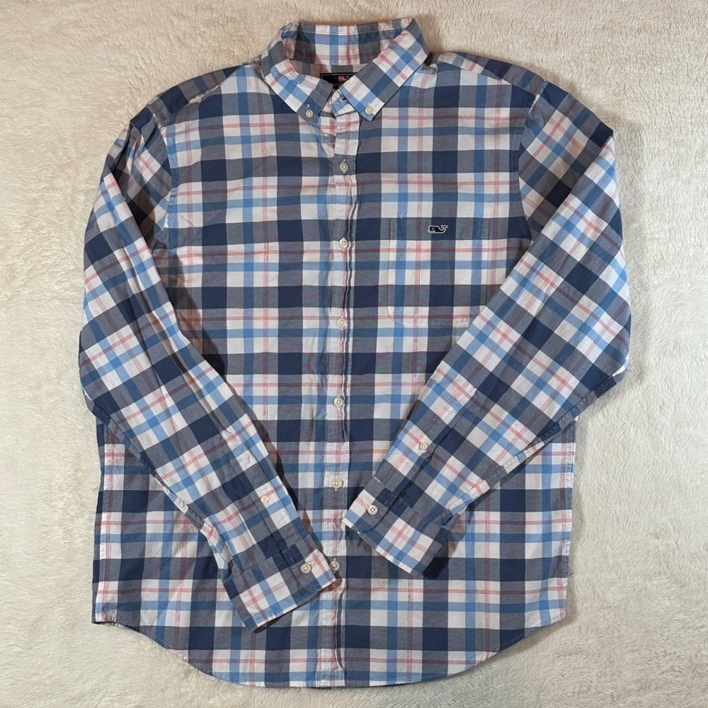 Vineyard Vines Slim Fit Tucker Shirt Mens Large Blue Plaid Button Down Stretch
